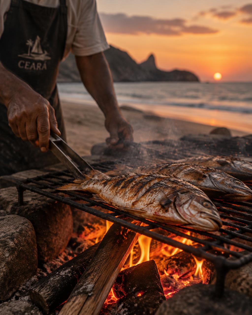 Fresh fish grilled over an open fire on the beach